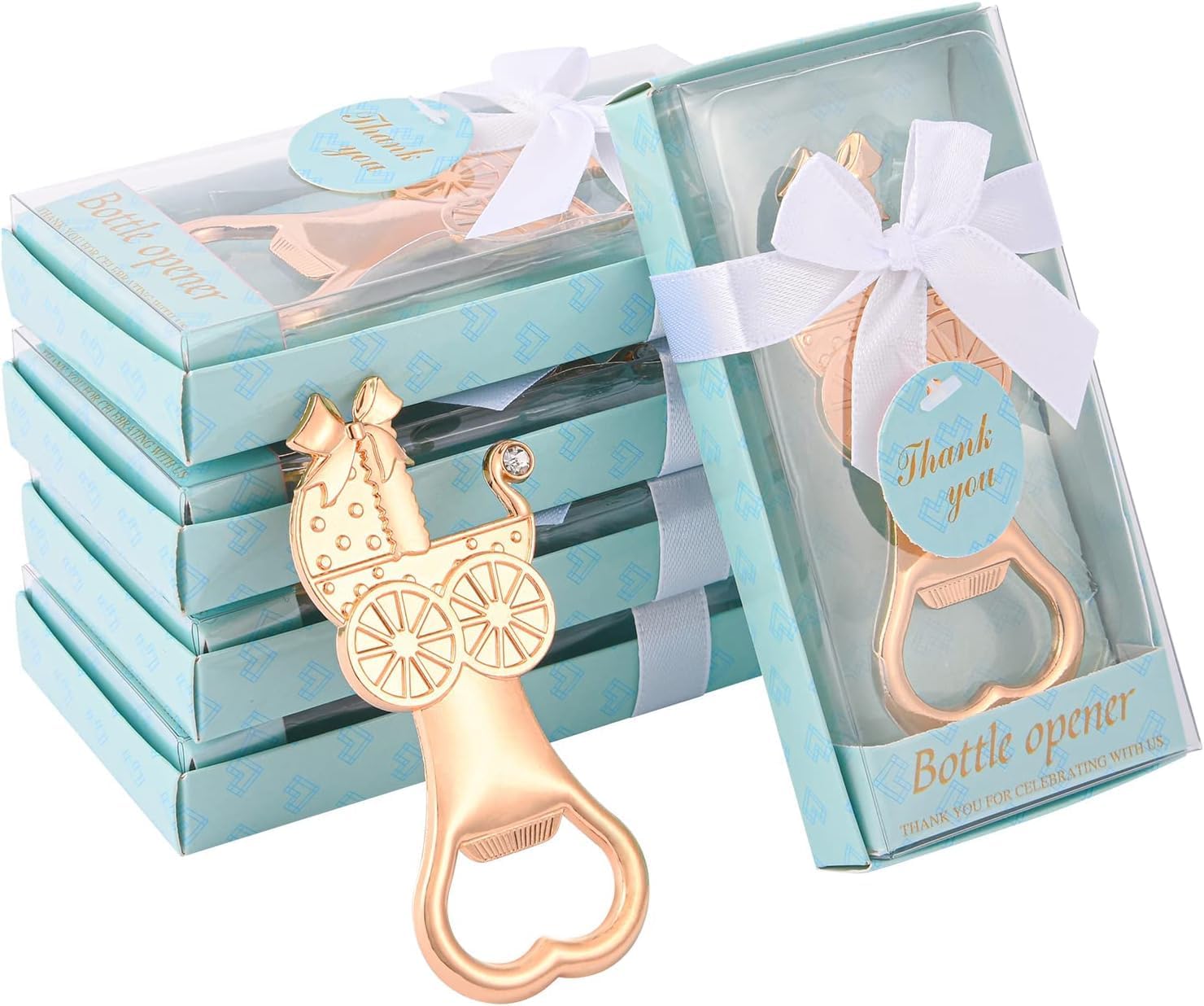 50Pack Blue Baby Carriage Shaped Bottle Openers, Boy Baby Shower Favors, Gifts or Decorations for Guests with Gift Boxes Party Return Souvenirs Giveaways Bulk