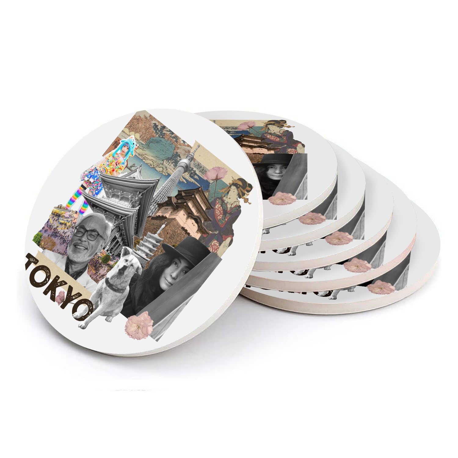 Sous-verre ronds en céramique Tokyo vintage collage x6