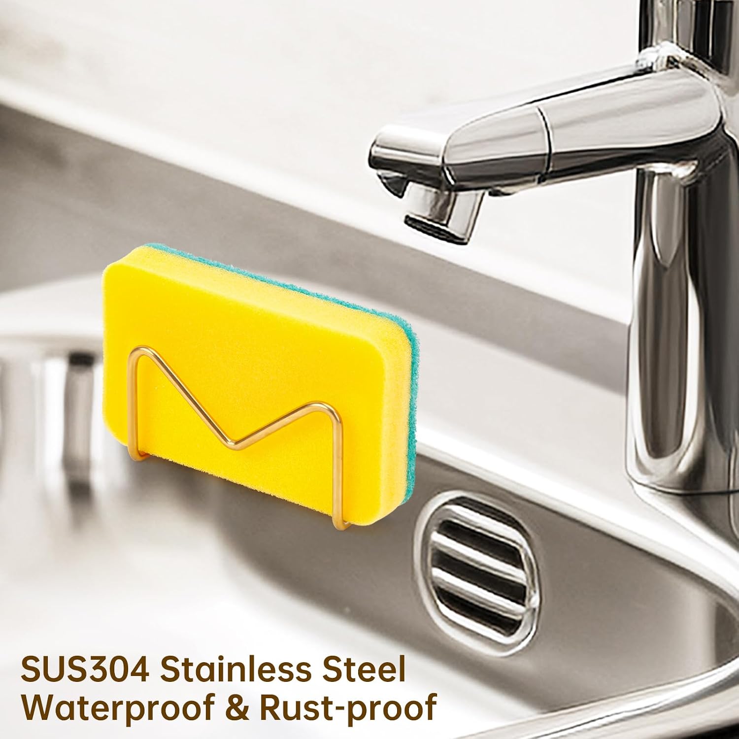 2Pcs Adhesive Hanging Sponge Holder for Kitchen Sink, 3.54 * 1.97'' Stainless Steel Premium Rustproof & Waterproof Kitchen Sink Caddy Holder for Brush and Sponge. No Drilling. Gold image 5
