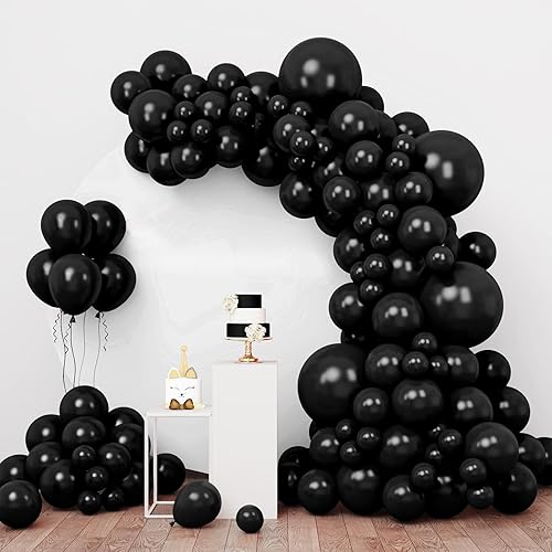 RUBFAC 138 globos negros de látex de diferentes tamaños de 18, 12, 10, 5 pulgadas, kit de globos de fiesta para Halloween, fiesta de cumpleaños,