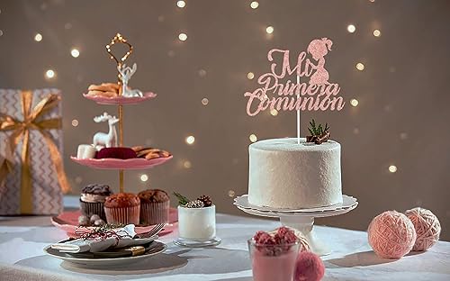 Miniatura 5 de FUUF Decoración para tartas Mi Primera Comunión con purpurina de oro rosa, primera comunión, mi bautismo, bautizo, Dios bendiga cumpleaños de niños,