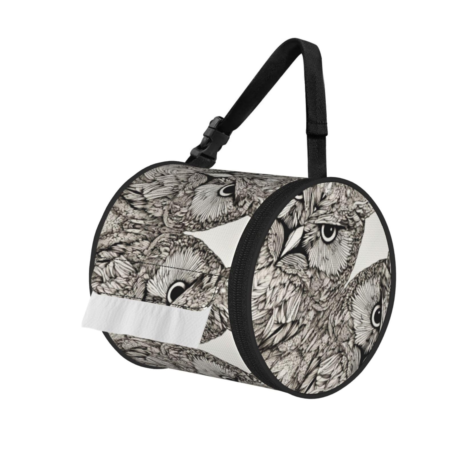 Owls Birds Print Cylinder Bathroom Tissue Holder With Buckle Strap, Portable Paper Case For Road Trips