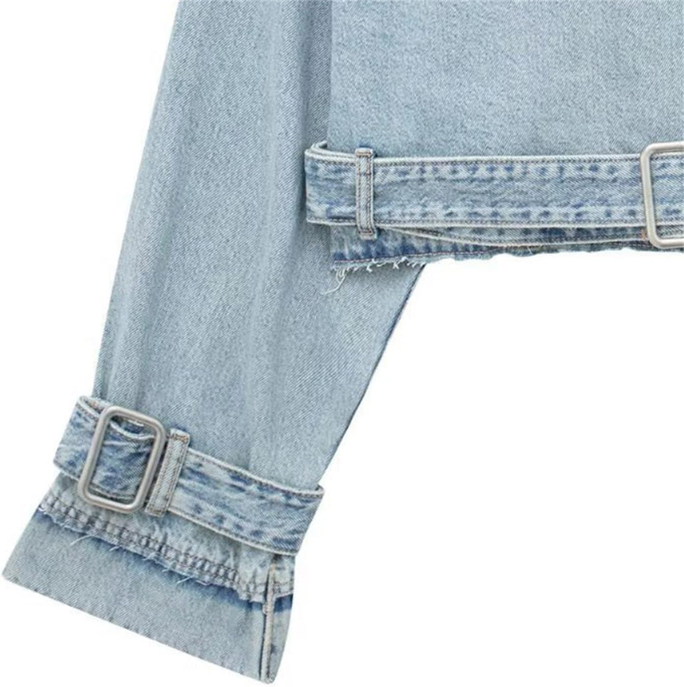 Women's Casual Lapel Short Denim Trench Jacket Cropped Pea Coat Crop Long Sleeve Jean Jackets Coats Outwear with Belt