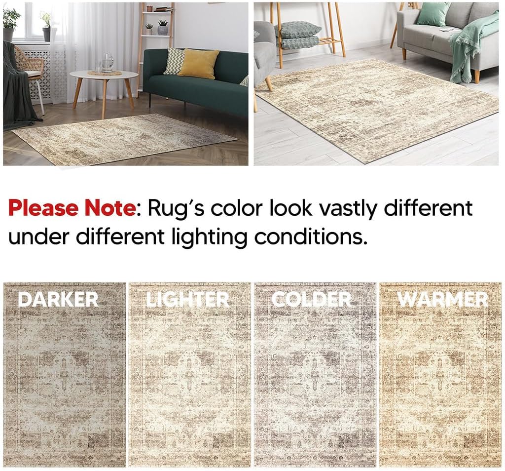  Vintage Washable Area Rug, Non-Slip Low Pile, 4x6 | Machine Washable Cotton Chenille, 0.25In Low Pile, Rubber Non-Slip Back; Kitchen, Entryway, Bedroom, Dining Room thumbnail
