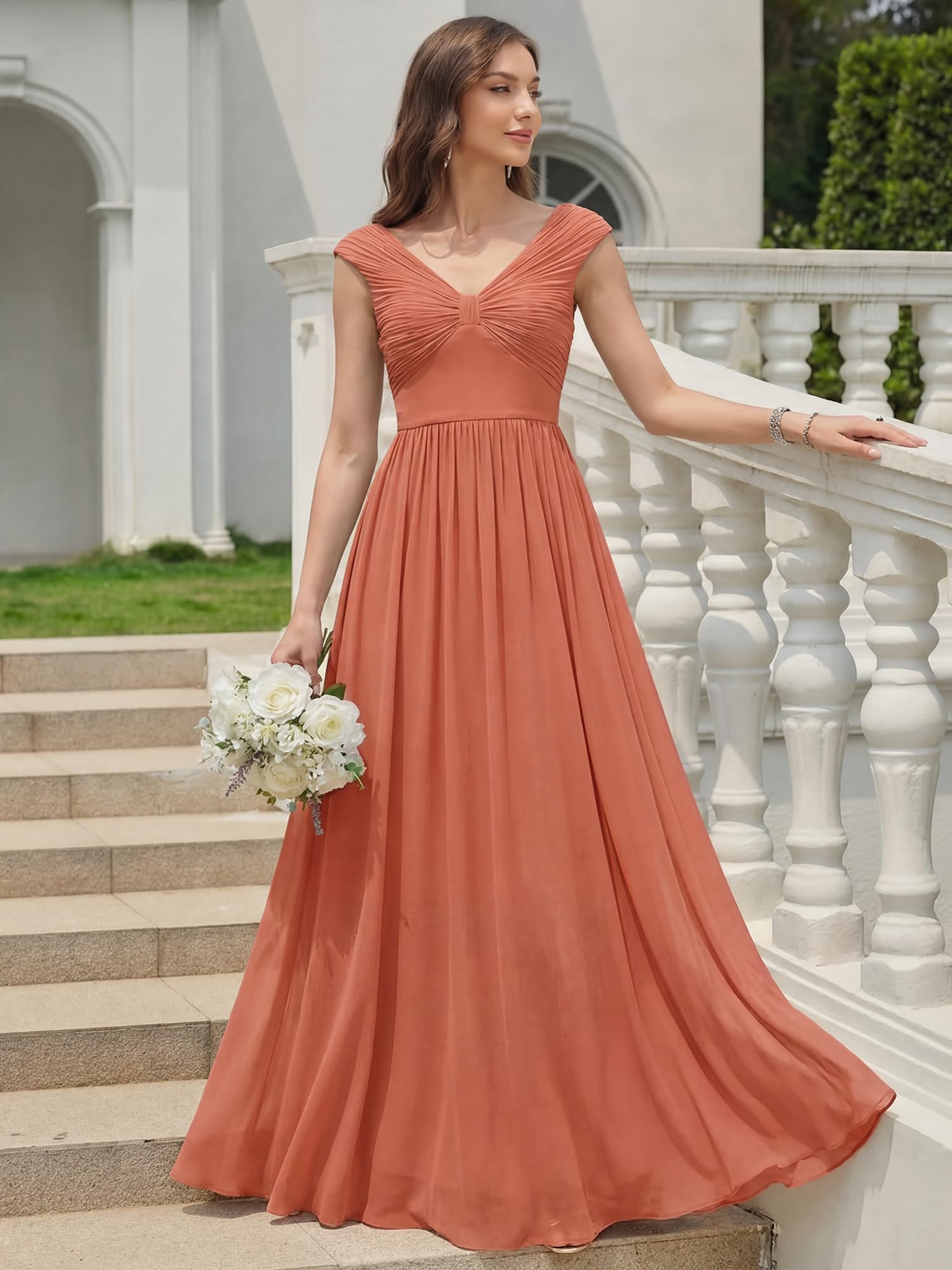 Ever-Pretty Abiti da Damigella Collo a V Senzamaniche Chiffon Maxi Gonna Svasata ES02695