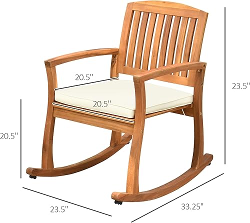 Miniatura 3 de Outsunny Mecedora para exteriores con cojín, mecedora de madera de acacia para patio trasero, patio, hogar, tono teca