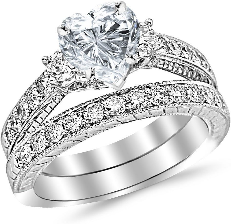1.53 CTW Three Stone Vintage With Milgrain & Filigree Bridal Set with Wedding Band & Diamond Engagement Ring w/ 0.5 Ct Heart Cut I Color VS2 Clarity Center