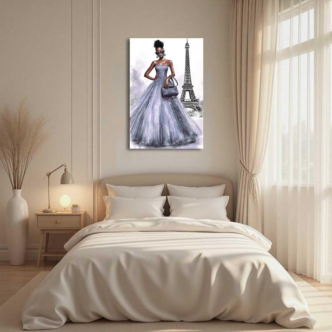 LZIMU Paris Wall Art Black Woman Pictures Black White Eiffel Tower Paintings African American Canvas Prints Fashion Black Girl Poster for Girls Bedroom Decor Framed (Silver, (18L x 12W))