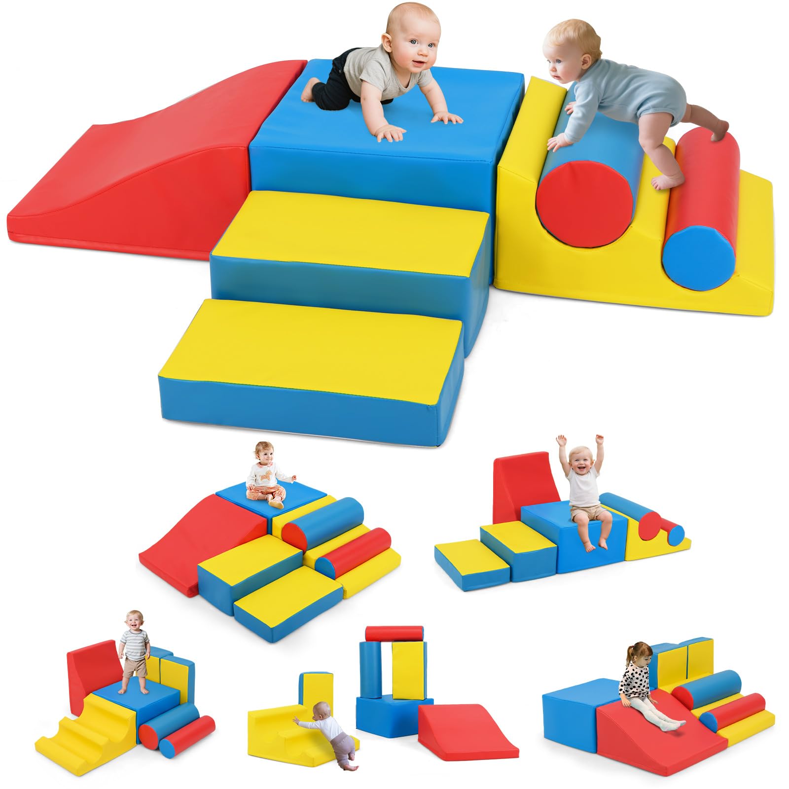 DREAMADE 7 tlg. Softbausteine für Baby & Kleinkinder, Schaumstoff Bausteine mit Klettverschlüssen, Wasserfester Kunstlederbezug, Rutschfeste Basis, Kletterblöcke für Baby Indoor Klettern & Toben, Bunt