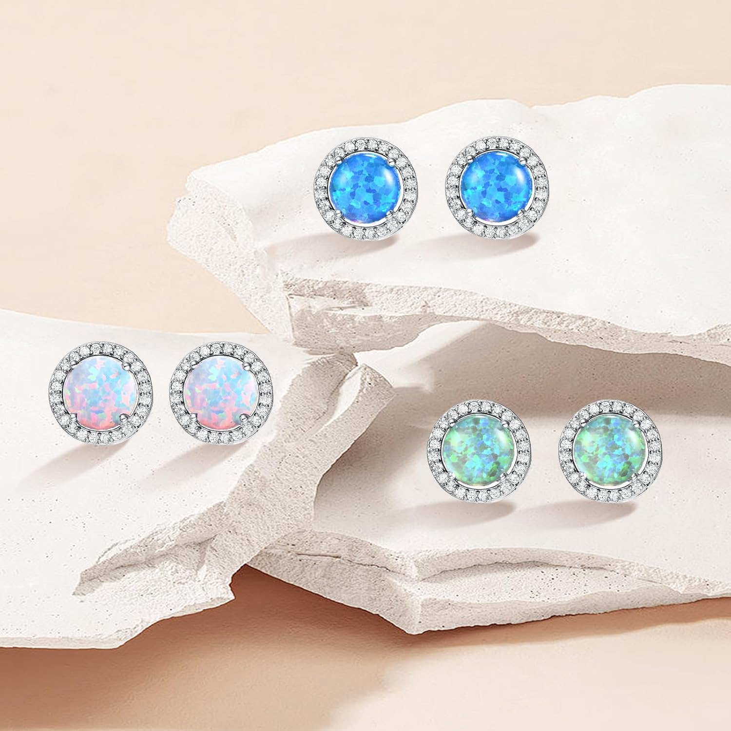3 Pack Set Opal Stud Earrings for Women Hypoallergenic Opal Earrings Jewelry for Mother's Day - Image 2