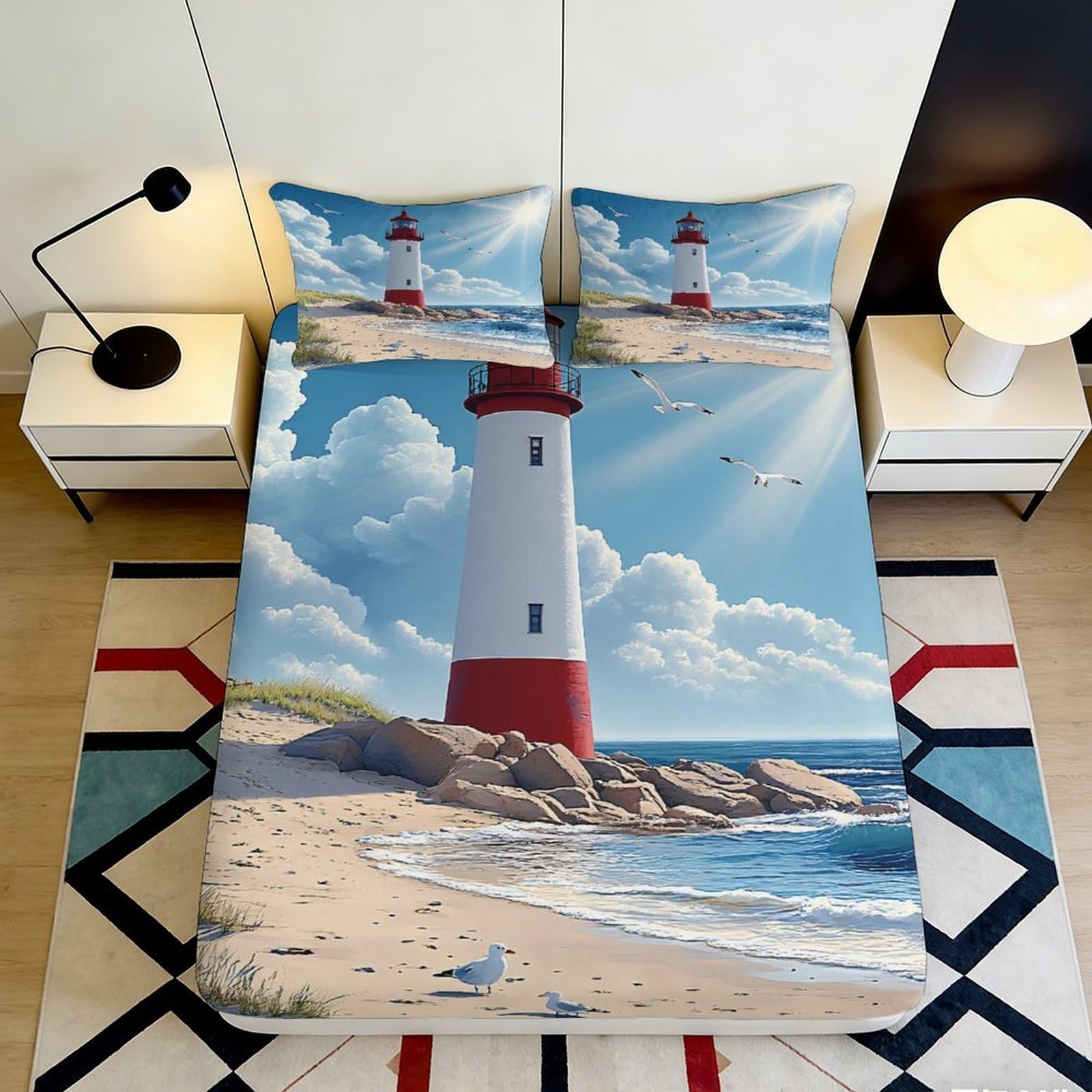 3D Printed Lighthouse Beach Fitted Sheet Microfiber Ocean Seaside Mattress Cover for Bedroom Guest Room Decor 90x200x25cm