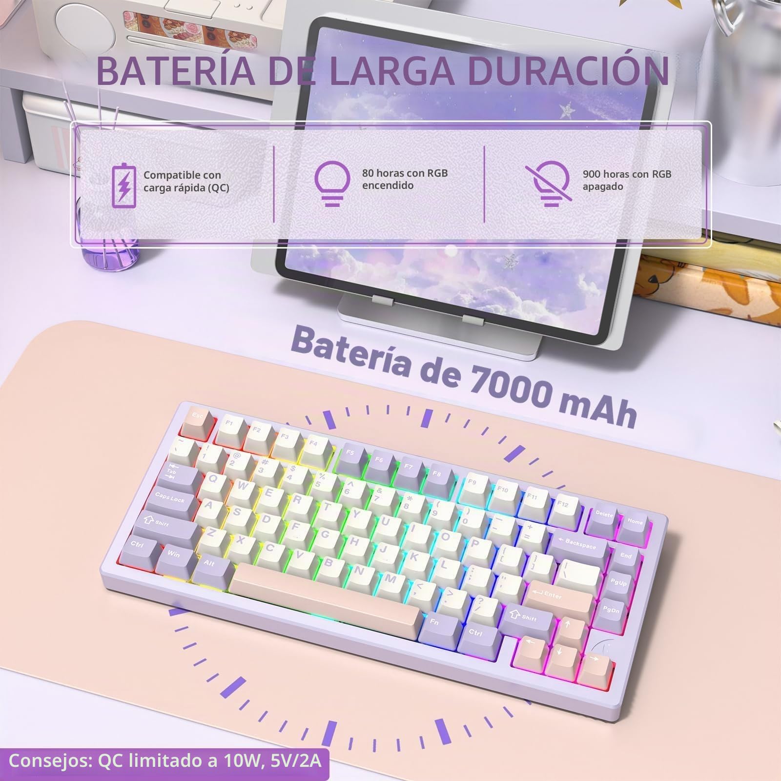 ATTACK SHARK X75 Via Teclado Mecánico Gaming Inalámbrico Completo De Aluminio, BT/2.4G/USB-C, Interruptores Lineales Intercambiables RGB, Diseño QWERTY del 75% con 5 Capas De Amortiguación-Púrpura