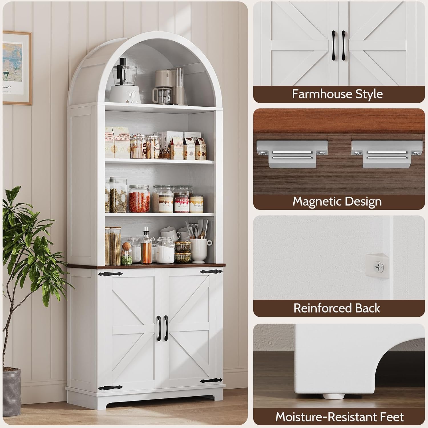 6-Tier Farmhouse Arched Bookcase with Doors, 70" Tall Wood Bookshelf with Storage,Open Shelves for Living Room or Office, White, 2-Pack