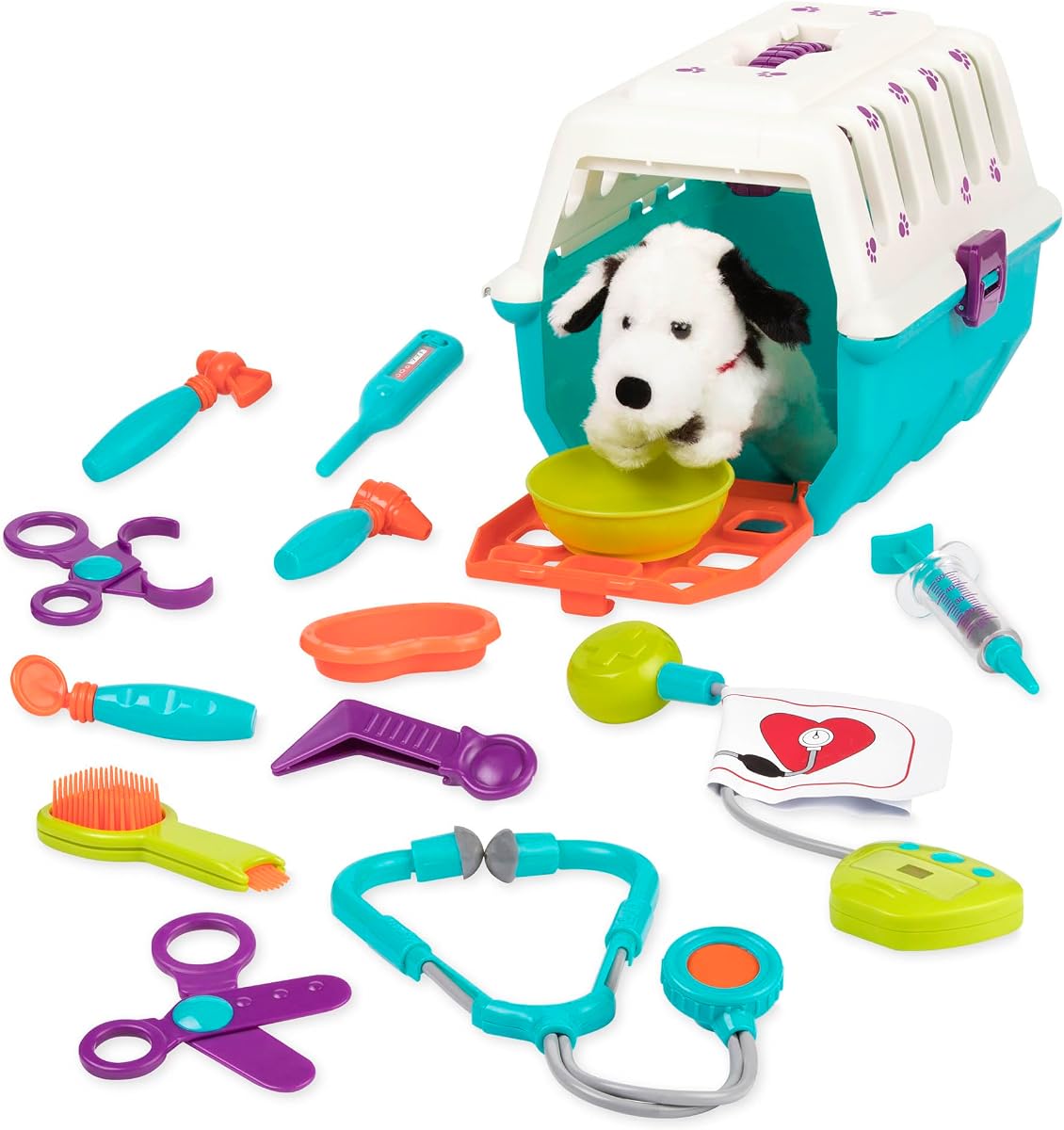Veterinarian Toy Set, 15-Piece Dalmatian Puppy Carrier Play, Playset | Plush Dalmatian puppy, carrier, 12 vet tools, 2 crate openings, portable storage for pretend pet care, Pretend Play, 2+ Years