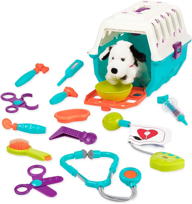 Veterinarian Toy Set, 15-Piece Dalmatian Puppy Carrier Play, Playset | Plush Dalmatian puppy, carrier, 12 vet tools, 2 crate openings, portable storage for pretend pet care, Pretend Play, 2+ Years