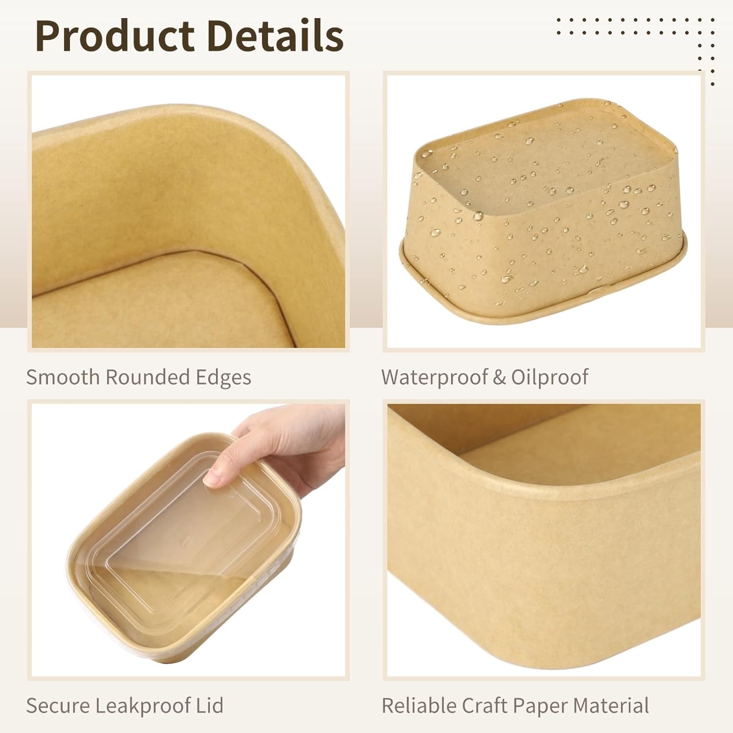 50 Sets Disposable Kraft Paper Bowls, 29.76 fl oz Rectangular Food Containers with Lids, Include 50 Spoons and 50 Forks, Brown Take-Out Paper Bowls for Salad, Party, Picnics - Image 3