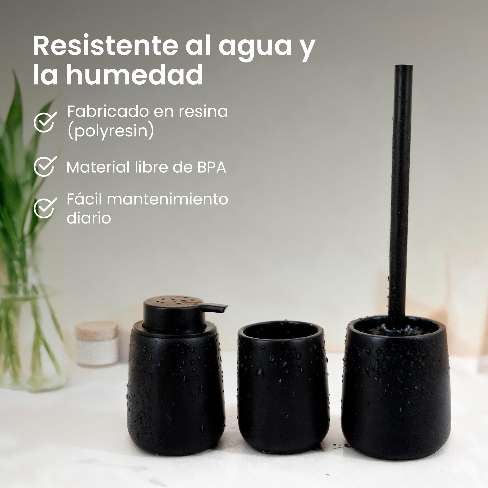 Set de Baño Moderno de 3 Piezas, Accesorios de Resina | Dispensador de Jabón 380 ml + Vaso para Cepillos de Dientes + Escobilla de Inodoro, Juego de Aseo Diario, Libre de BPA (Negro)