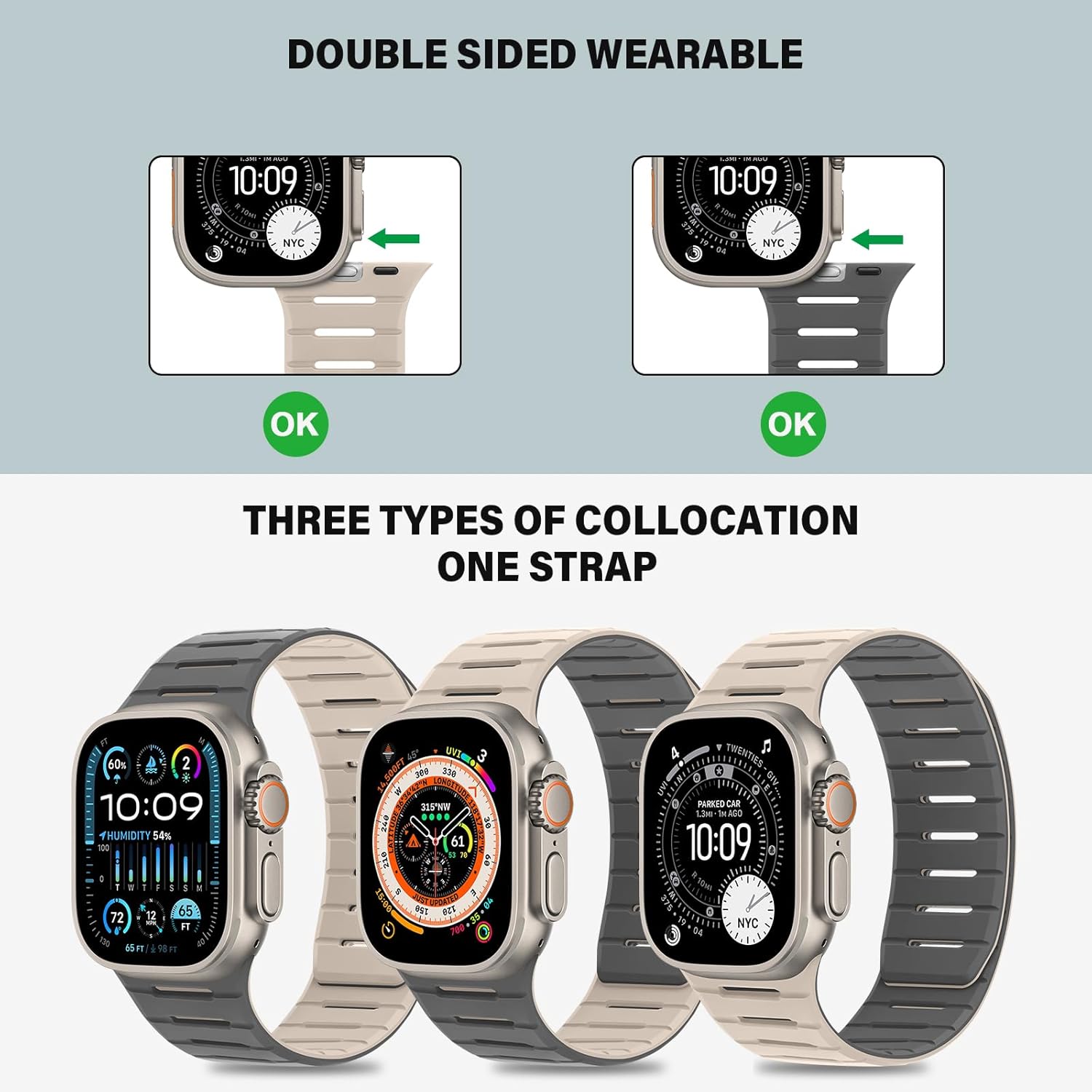 Bisikor Compatible with Apple Watch Band 49 46 45 44 42mm, Double Sided Wearable Soft Breathable Replacement Loop Strap for iWatch Ultra SE Series 11 10 9 8 7 6 5 4 3 (Beige/Gray)