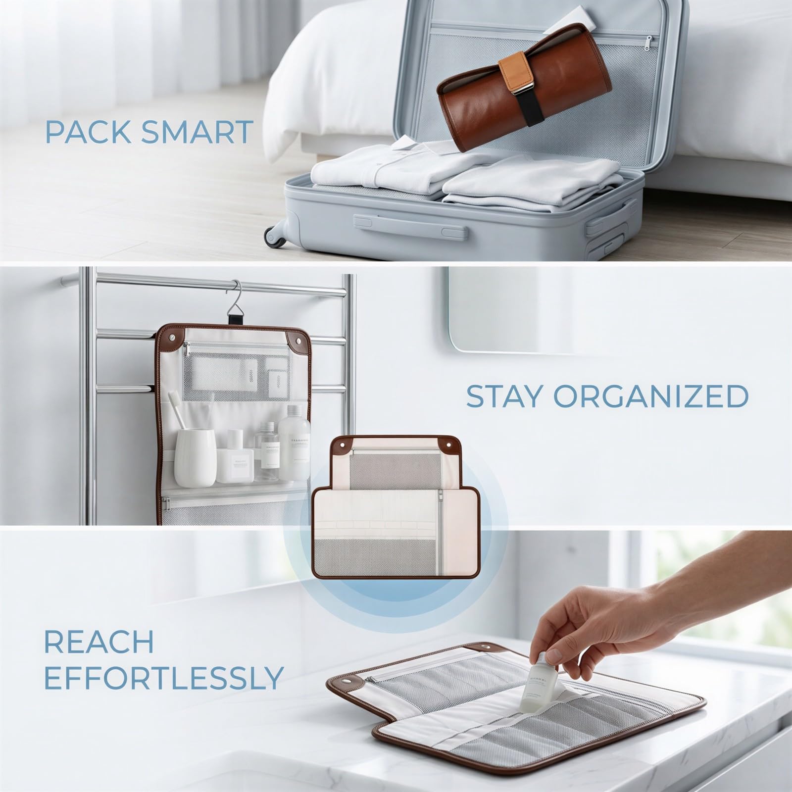 Trousse de Toilette pour Homme, Trousse de Voyage compacte en Cuir PU, Organiseur déroulant pour Salle de Bain avec 13 Poches, pour kit de Rasage et Essentiels d’hygiène
