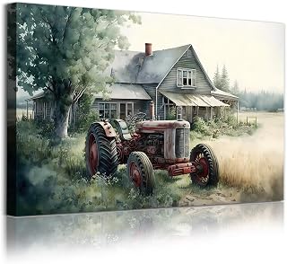 Farmhouse Rustic Pictures Old Barn Posters Farm Tractor Canvas Wall Art Country House Prints Rustic Landscape Picture Farmhouse Artwork for Wall Old Tractor Painting Vintage Landscape Poster 16x24in Unframed