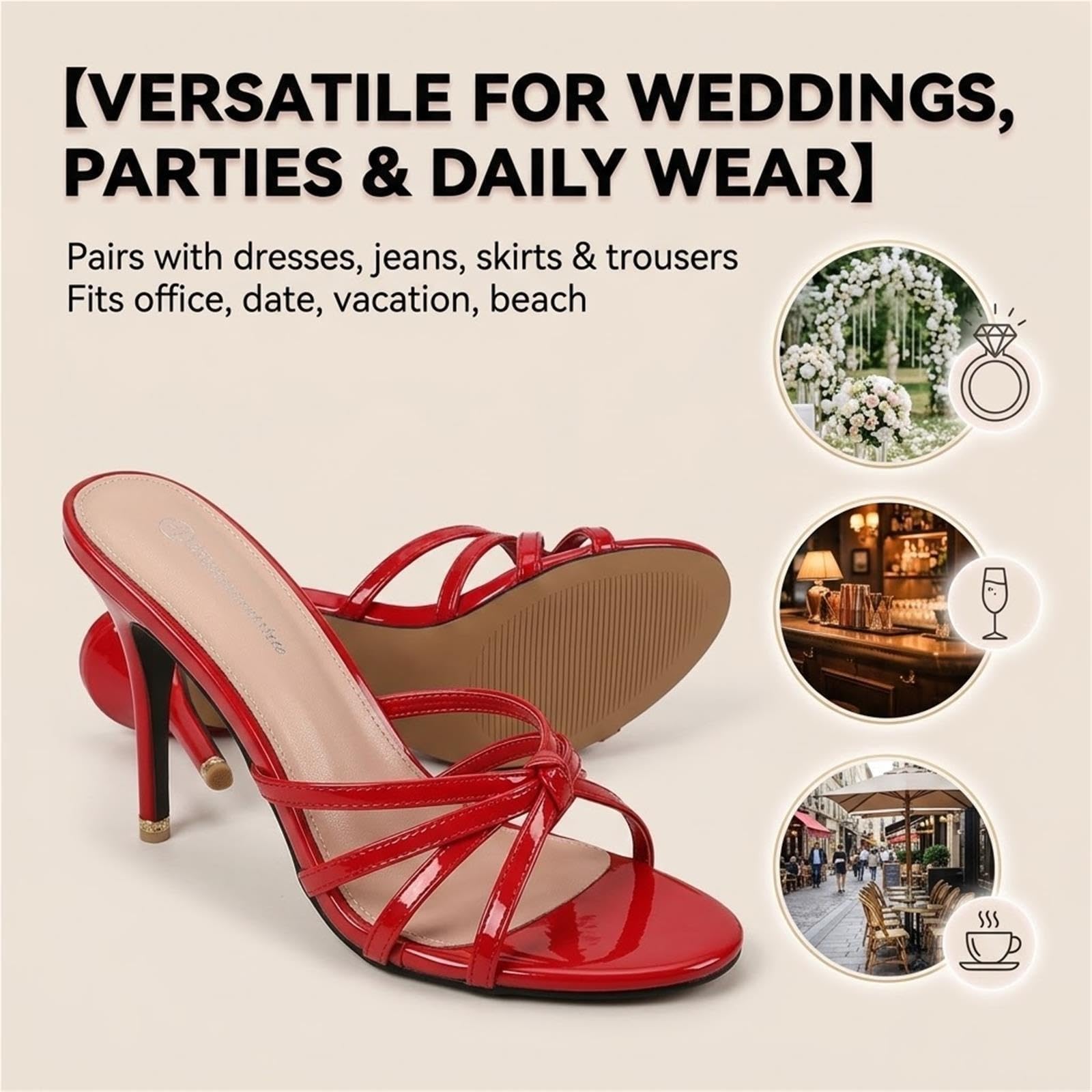 Sandali Con Cinturino A Spillo Con, Slip-on Con Punta Aperta Rotonda | Morbida soletta in PU, tacco a spillo da 3,54 pollici, cinturini con fibbia, sabot slip-on, punta rotonda aperta(Red,40 EU)