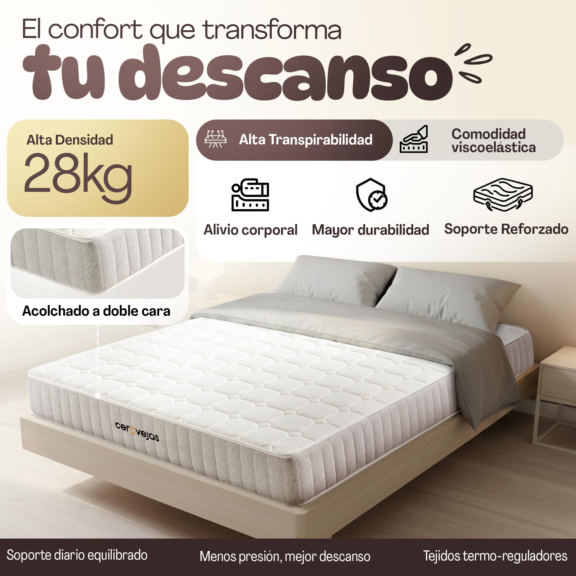 Colchón Viscoelástico 90 x 190 - Altura 22 cm | Alta Densidad - Núcleo HR 28kg - Firmeza Media Alta para Aliviar la Presión y Dolores de Espalda | Oeko-Tex | Fabricado en España