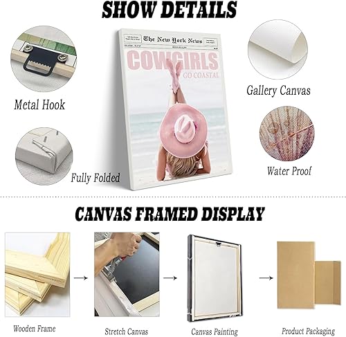 Miniatura 2 de Arte de pared de vaquera costera rosa, póster de periódico vintage de los años 70, revista de surf costero, póster retro chic de surfista de playa,