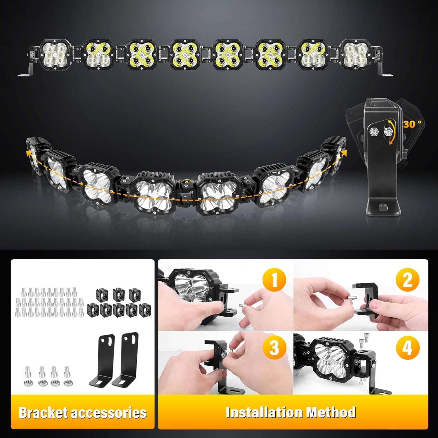 Willpower 52 inch 240W Straight Curved Adjustable & Linkable LED Light Bar with DT Wire, Spot Flood Beam Off Road 4X4 Driving Fog Lights for 12V 24V Vehicle 4WD Car ATV UTV SUV Truck Tractor Trailer