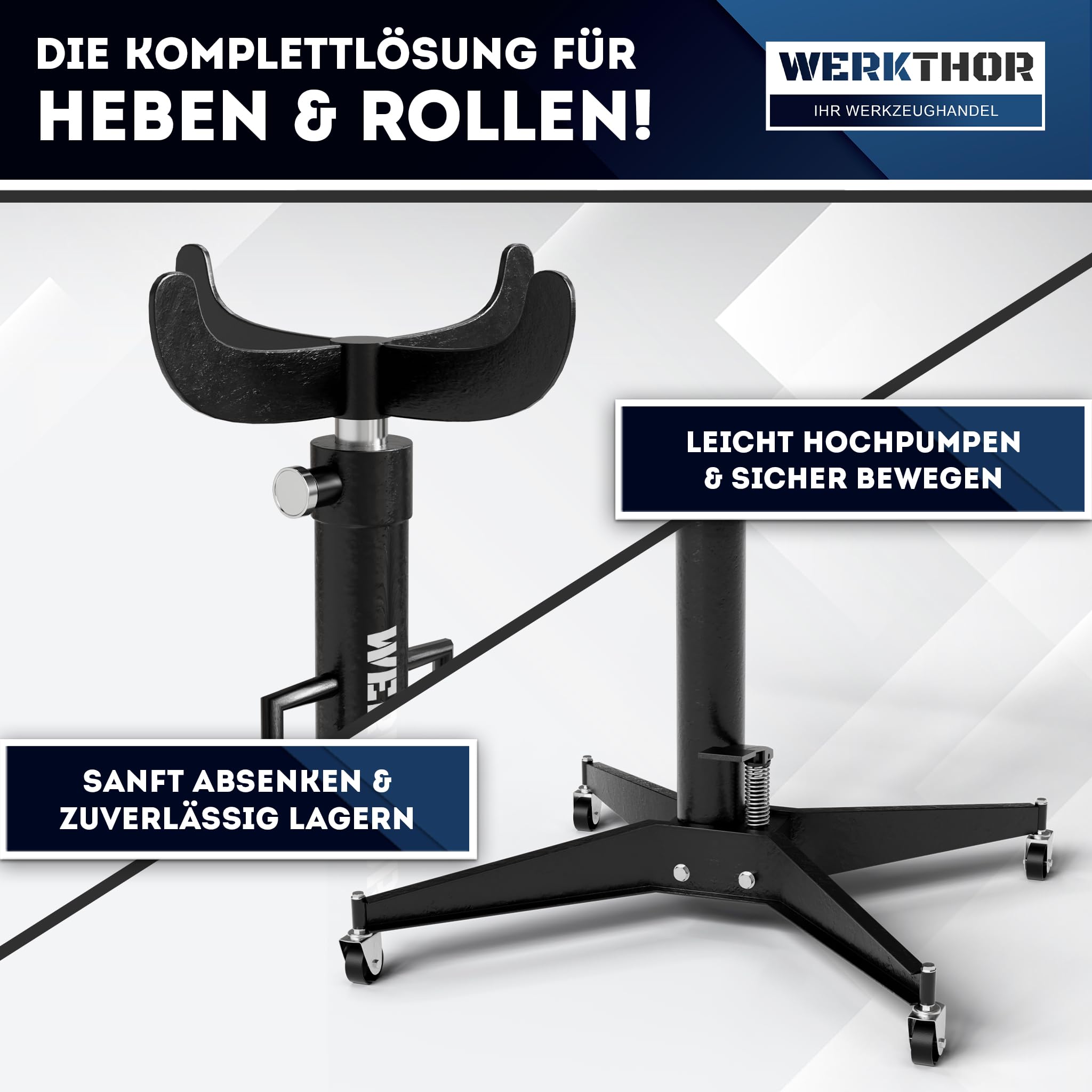 WERKTHOR Getriebeheber 500kg hydraulisch & verstellbar 105-185 cm – Motorheber Faulenzer für Werkstatt – Getriebeheber kfz rollbar mit 4 Lenkrollen & Fußpedal – Auto Heber Schwarz