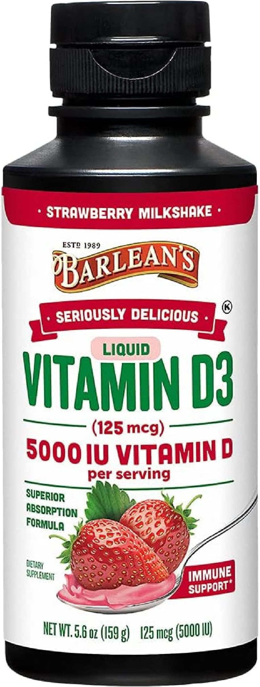 Liquid Vitamin D, 5000 IU D3, Strawberry Milkshake Flavored for Kids and Adults, Maximum Absorption, Non-GMO, Gluten-Free - 5.6 oz
