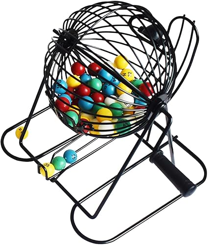 Miniatura 2 de Yuanhe Juego de bingo de lujo, jaula redonda de metal, 75 bolas de colores, 50 tarjetas de bingo, 300 fichas mixtas y tablero maestro para grupos