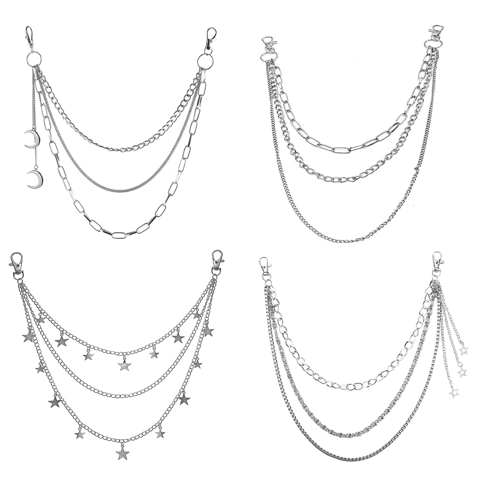 4 Stück Hosenketten Set - Punk Hip Hop Gürtelketten 37-47cm Silber
