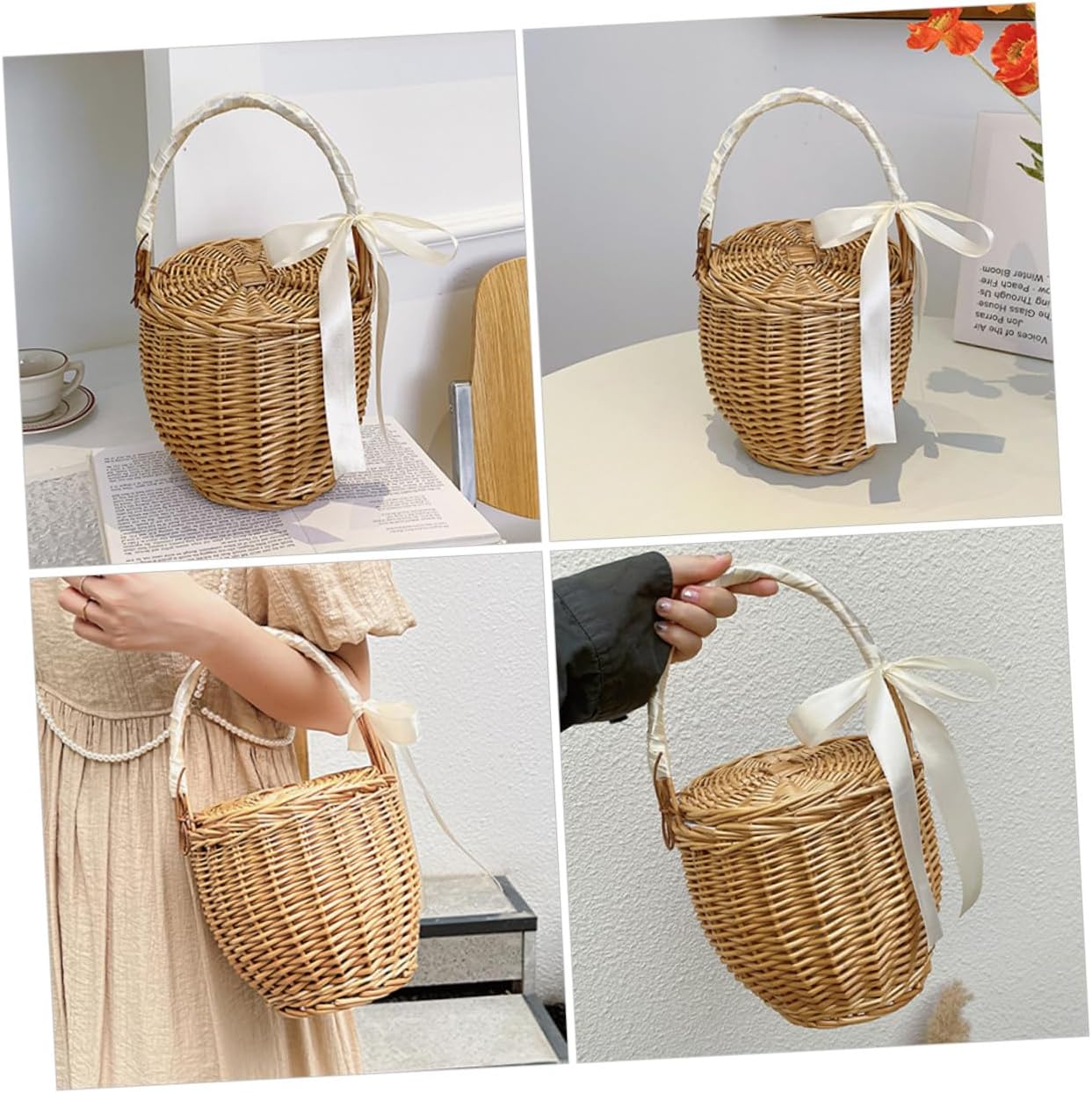 French Style Handwoven Picnic Basket with Lid, 1pcs Multi-Function Outdoor Fruit Picking Basket for Kitchen and Travel Storage