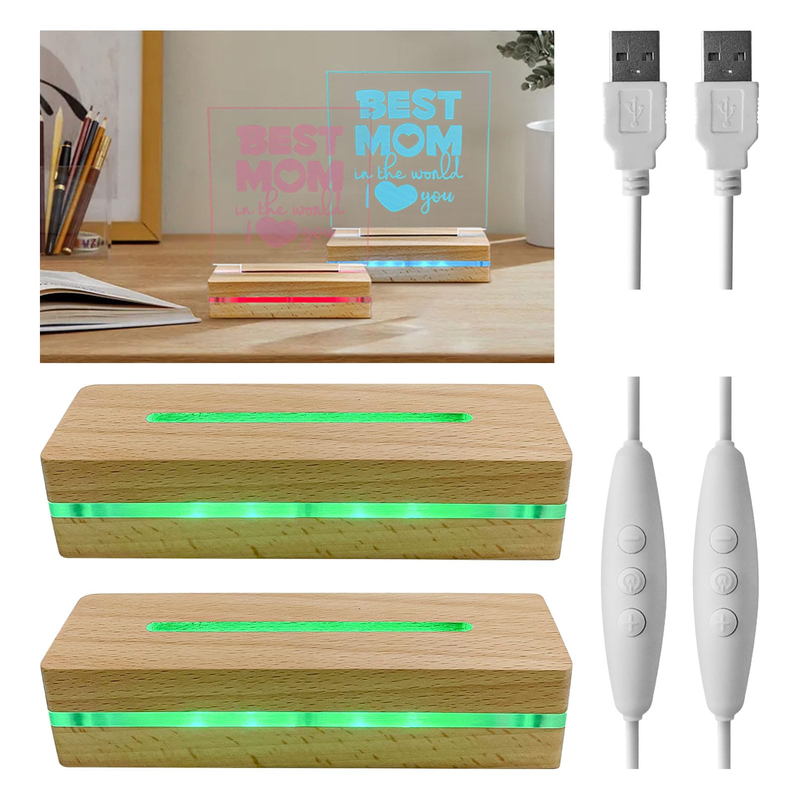 LED Lichter Display Basis, 2 Stück Rechteckiger 15 cm Holz Display Ständer, LED Leuchten Display Sockel Holzaufsteller für 5 mm Acrylglas Spaneel Tischdisplay (mehrfarbiges Licht)