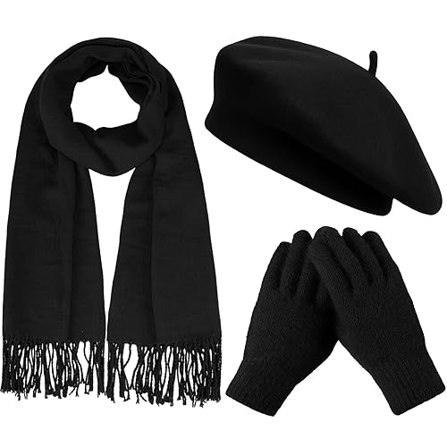 Floraltop 3 Pack Beret Hat Scarf Glove Set French Hat Pashmina Shawl Scarf Winter Gloves Set Women Christmas Clod Weather - Black