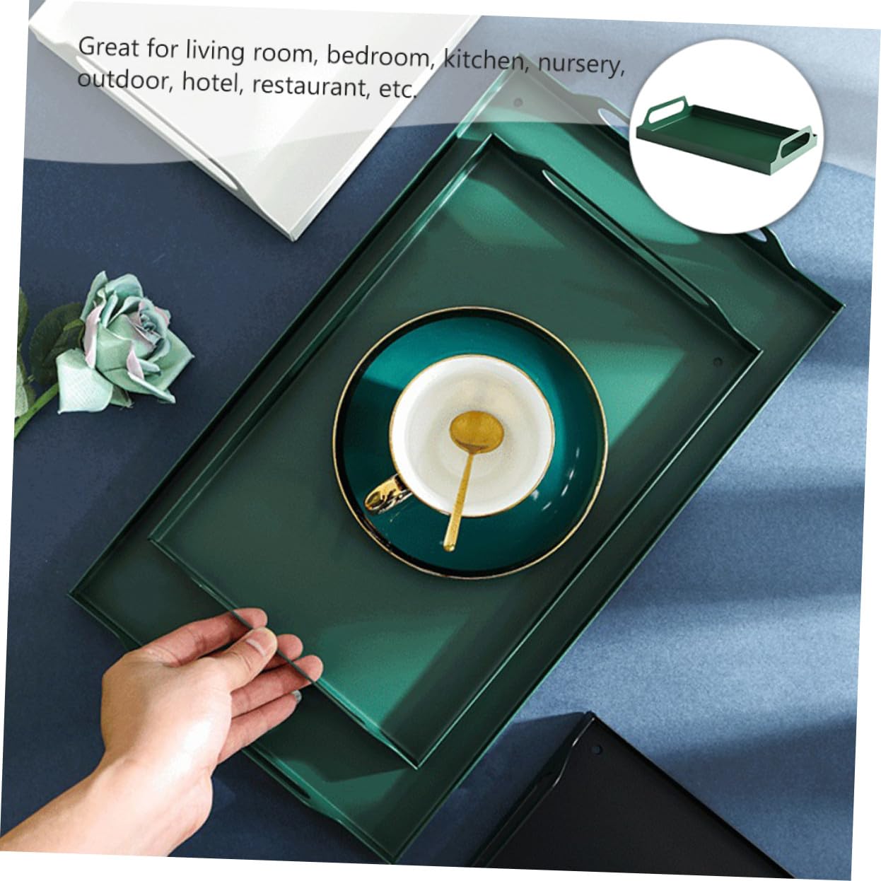 TOYANDONA Bandeja Metálica Rectangular con Asas Resistente para Servir Comida Reuniones Familiares y Eventos Diseño Artesanal Hierro Verde Grande para Aperitivos y Postres