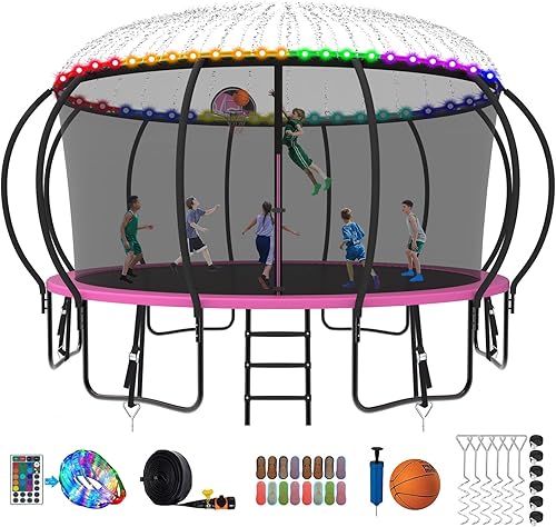 SKYUP Tranpoline de 8 10 12 14 15 16 pies 1500 libras para niños y adultos con luz+rociador+calcetines, tranpolina recreativa con aro de baloncesto,