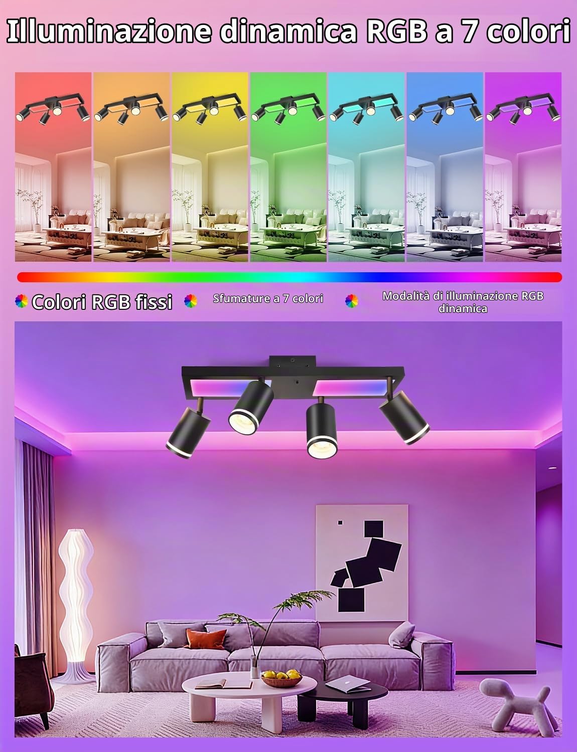 YindaLux RGB Lampada Faretti da Soffitto Orientabili, 30W 3600LM LED Soffitto con Telecomando, Nero Plafoniera LED Faretti 4 Luce con Luce di Fondo 10W+4x5W GU10 per Soggiorno