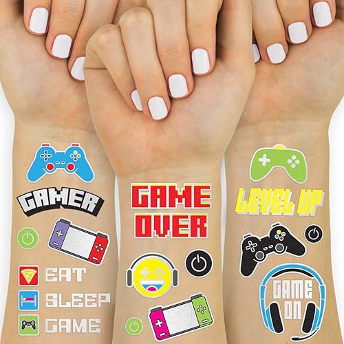 xo Fetti Suministros de la fiesta del videojuego Tatuajes temporales - 44 estilos de brillo Cumpleaños Controlador Auriculares Gamer Arcade
