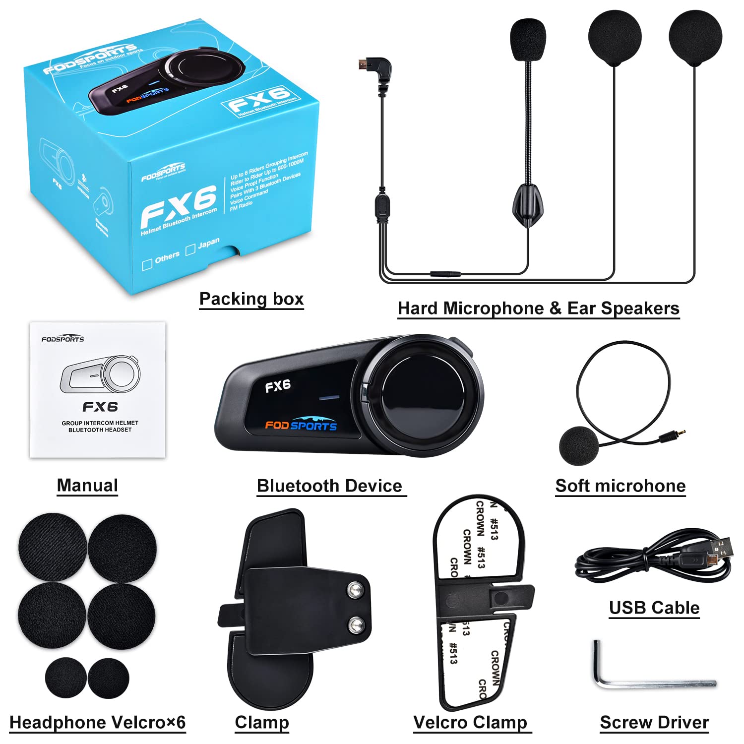 FODSPORTS FX6 Moto Intercom Casque Bluetooth 5.0 Jusqu'à 6 conducteurs Communication simultanée pour 1000 mètres avec couplage universel, réduction du bruit CVC, commande vocale