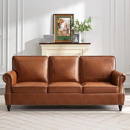 WILLOVE Sofá clásico de piel sintética de 79 pulgadas, sofá clásico de cuero de 3 plazas con brazo enrollado y ribete de cabeza de clavo, moderno