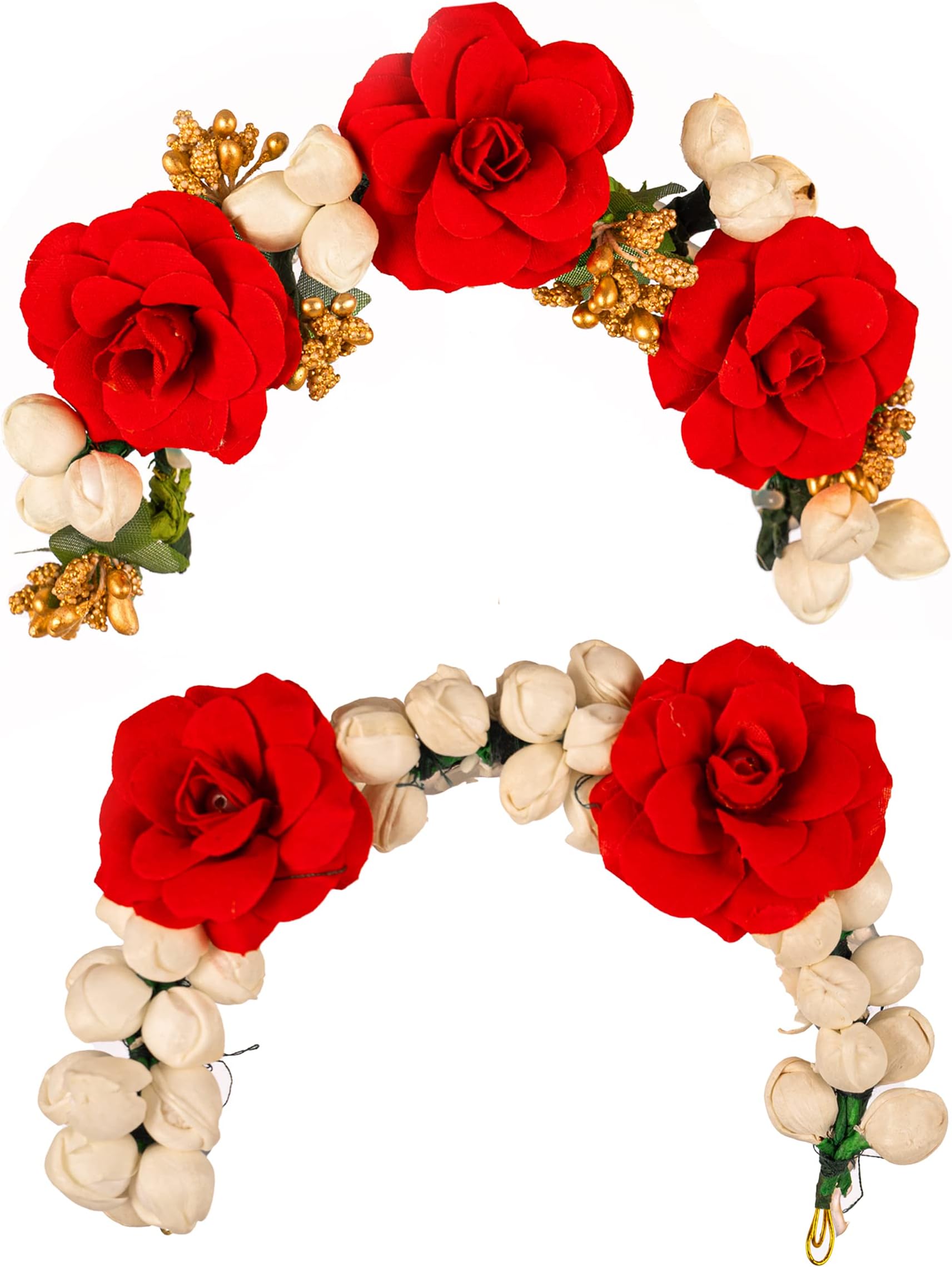 Gajra Artificial Flower Hair Bun Accessories Indian Handmade Hair Ornament for Women Partywear Marriage Mehndi Festival Gifting (Mogra and Rose Gajra -Set of 2)