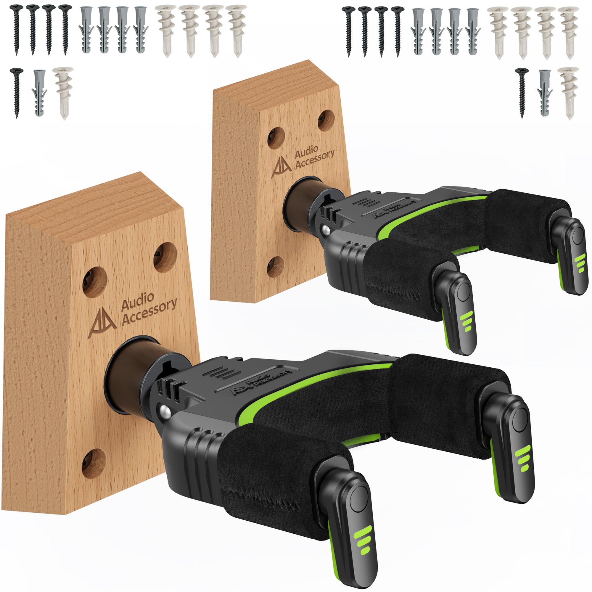 AA AUDIO ACCESSORY Soporte guitarra pared 2 Piezas con cierre automático, gancho de terciopelo apto para nitro, base madera 4 tornillos, carga 9kg, para bajo, guitarra acústica, clásica y eléctrica