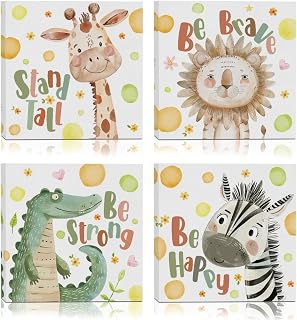 4 Pcs Jungle Animal Canvas Wall Art Nursery Room Decor Cute Cartoon Zebra Lion Giraffe Elephant Framed Art Paintings Wall Decor Artwork Bathroom Game Room Toddler Boys Girls Room Decor Decorations