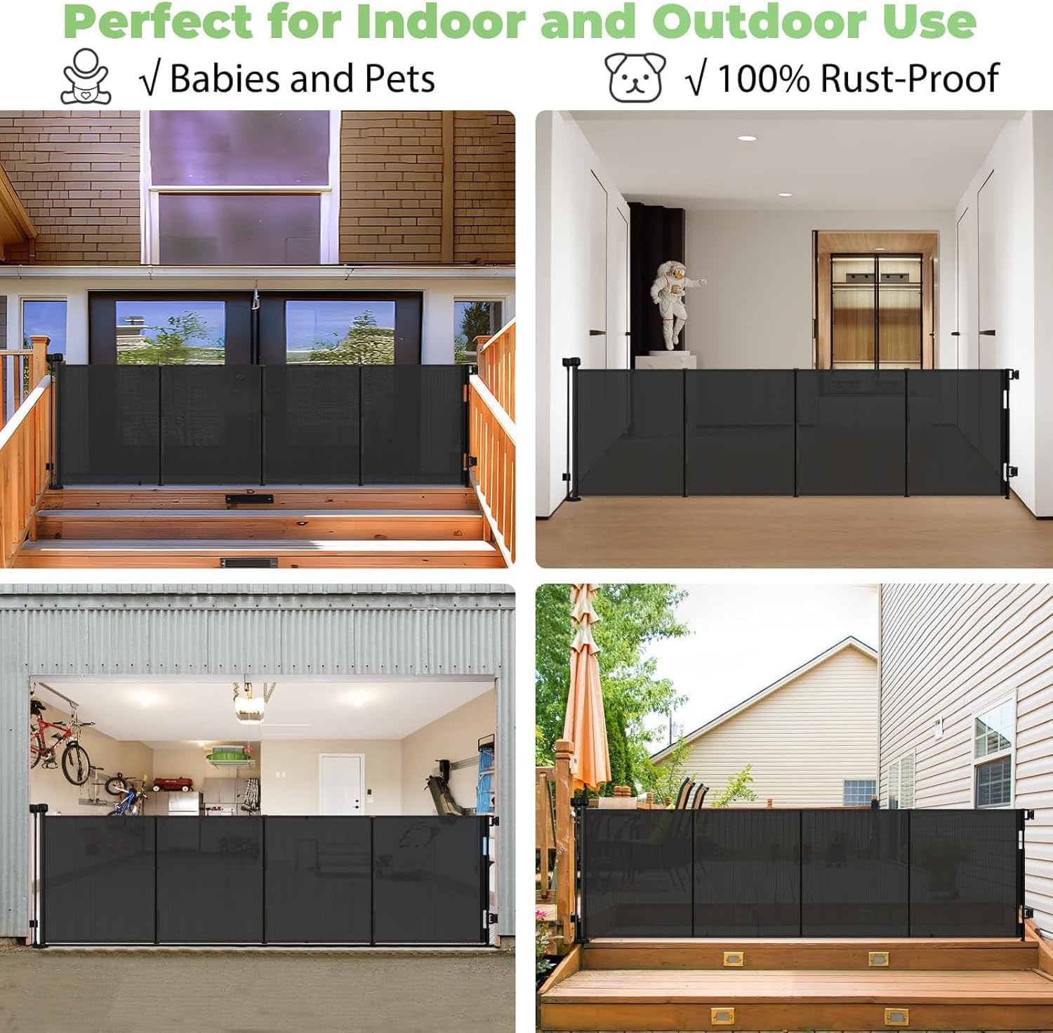 Reinforced 155" Extra Wide Baby Gate Retractable Dog Gate with Support Rods – Prevent Crawling Under, 13ft Retractable Baby Gates Long Gates for Kids or Pets Retractable Gate, Black