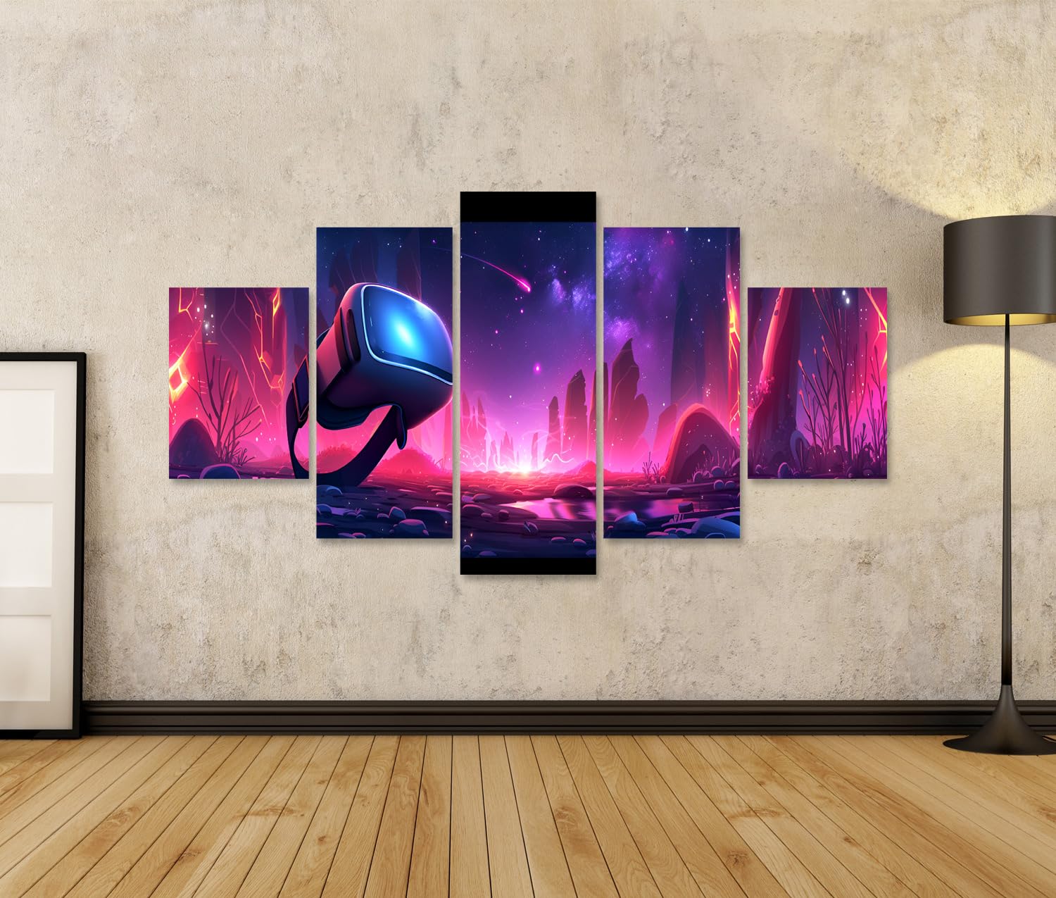 islandburner Prime Quadro su tela, camera illuminata al neon con auricolare VR, design tecnologico generato, sala giochi VR videogiochi