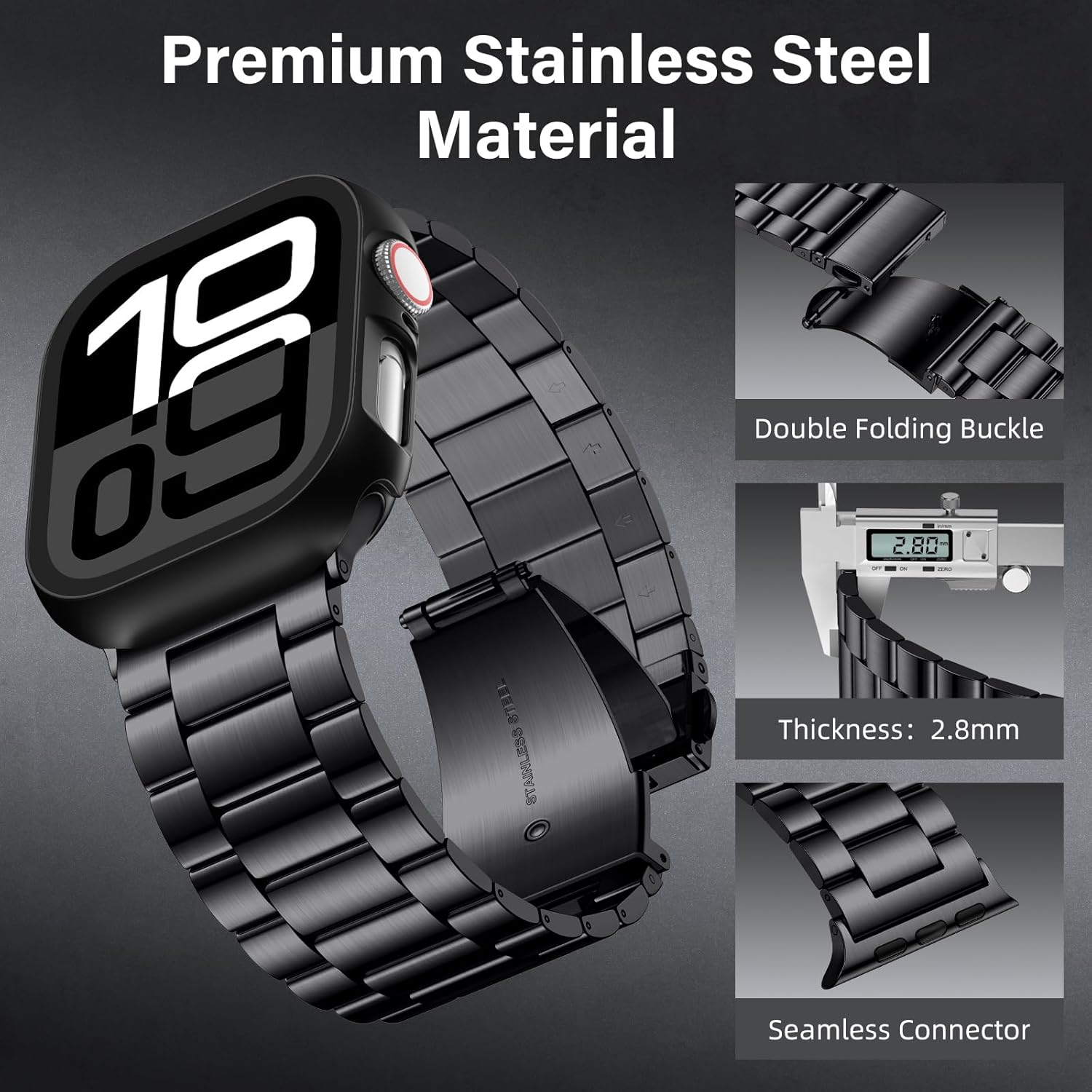 WJK Metal Band Compatible with Apple Watch Bands 44mm For Men Women, Stainless Steel Replacement Strap with 2 Pack Case Screen Protector Compatible for iWatch Series 6/5/4 SE 3/2/1, Black