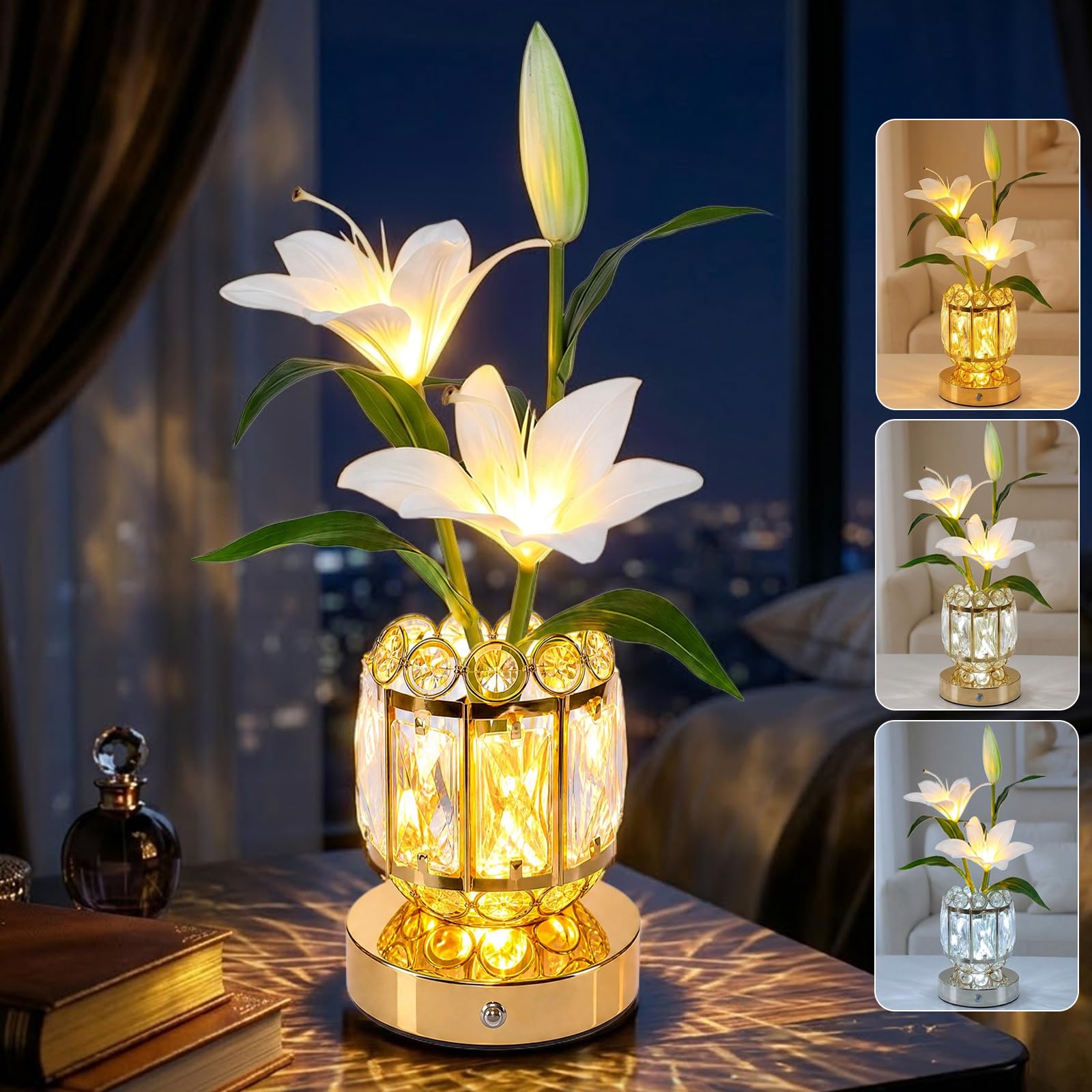 Plmmperation Lily Flower Lamp, 3 Colors Touch Dimming Artificial Flowers Night Light, Rechargeable Cordless Small Desk Lamp, Fake Bouquet 2 Lilies with Crystal Vase Gifts for Mom Women Girls