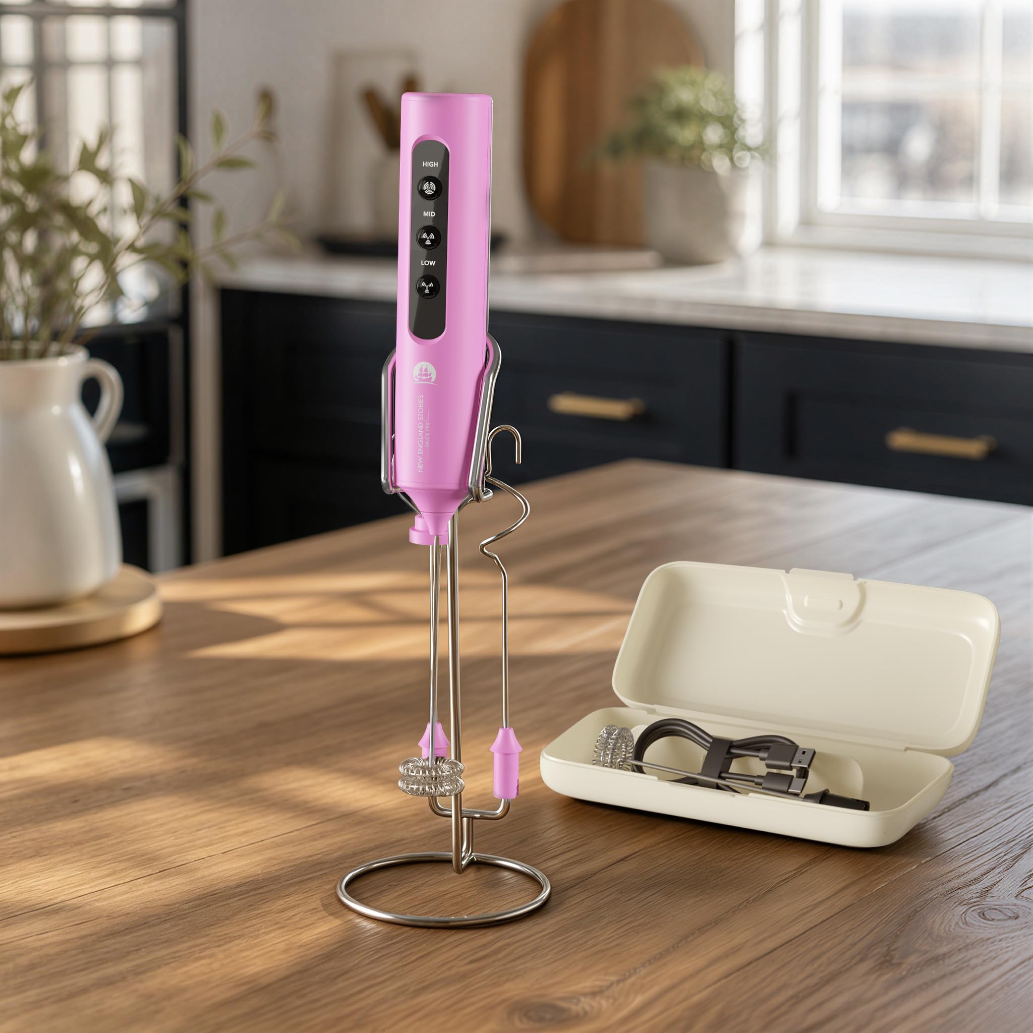 Espumador de leche recargable con soporte, 4 batidores intercambiables y estuche de viaje, batidor de mano para latte, matcha, chocolate caliente, huevos y batidos de proteínas