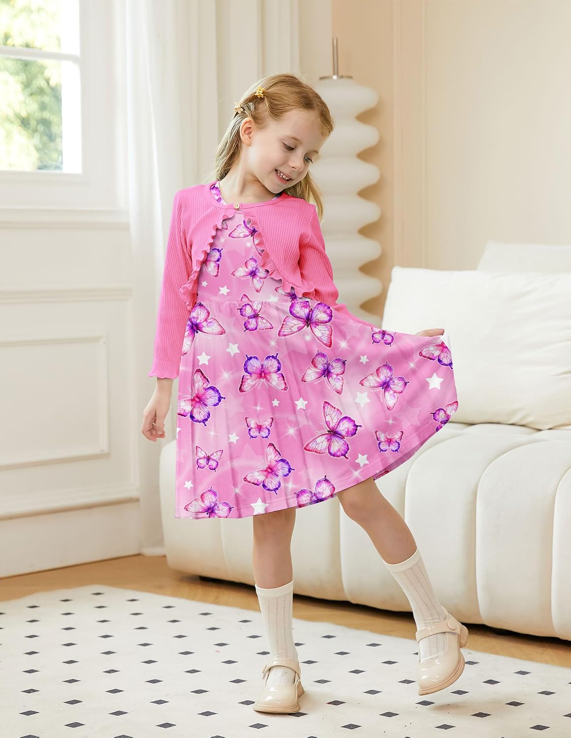 Toddler Girl Sleeveless Dresses and Long Sleeve Ruffle Cardigan 2 Piece Fall Outfits image 2